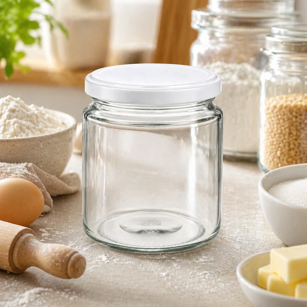 Honingpot 350 g met witte BasicSeal UNiTWIST-deksel 250ml honingpot leeg met wit UNiTWIST deksel in bakkamer tussen bloem, eieren en bakgerei