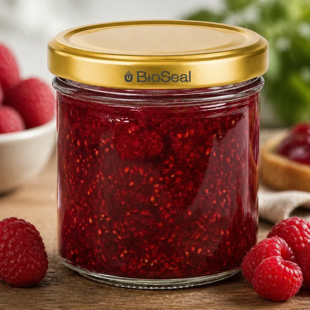 BioSeal 200g jampot gevuld met frambozenjam omringd door verse frambozen op een houten basis