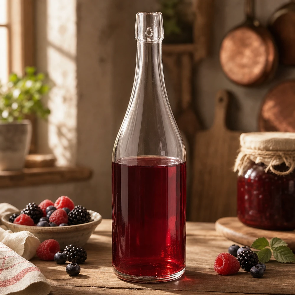 750 ml glazen fles zonder draaidop UNiTWIST 750 ml UNiTWIST glazen fles gevuld met bessensap uit de rustieke keuken bosbessen frambozen bramen Toepassing