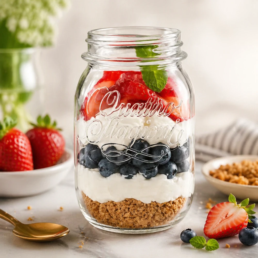 500 ml Quattro Stagioni huishoudpot gevuld met een gelaagd dessert van biscuitbodem, yoghurt, bosbessen en aardbeien
