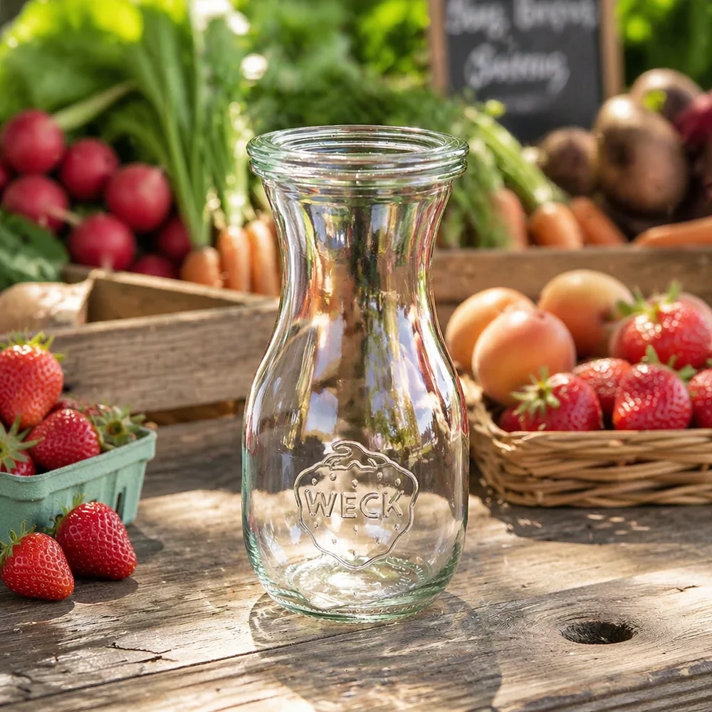 Sapfles van 290 ml met glazen deksel WECK RR60 WECK sapfles 290ml RR60 transparant op een rustieke houten tafel tussen verse aardbeien, radijsjes en groenten