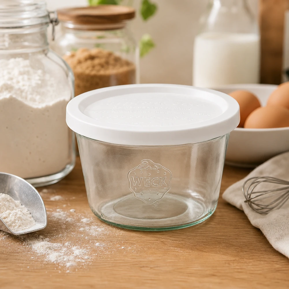 WECK 370ml RR100 mason jar met vershouddeksel in bakkeuken tussen bloem, eieren, melk en keukengerei