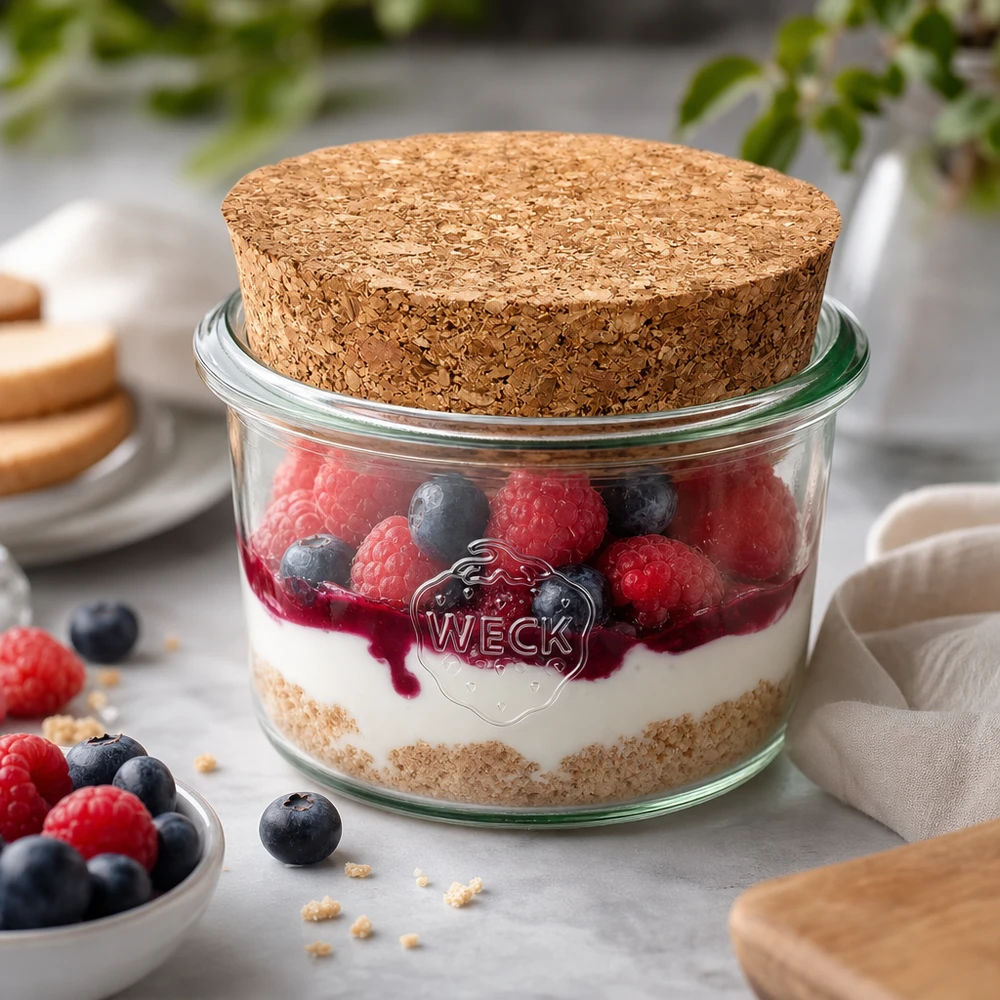 80ml stortglas WECK RR60 met kurk WECK bekers 80ml RR60 met kurk als dessertpotje voor bessentiramisu gelaagd dessert perfect geportioneerd