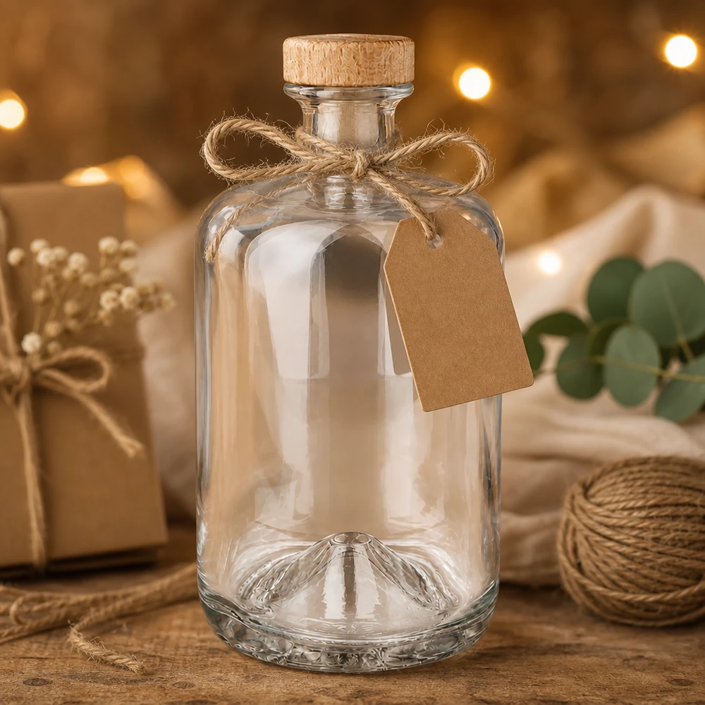 700 ml Sofia-glasfles met kurk en kadolabel in rustieke decoratie met jute en sprookjesverlichting