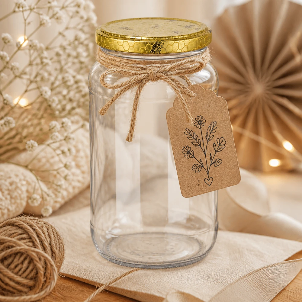 1062ml rond glas met BasicSeal deksel Honingraat UNiTWIST 1062ml ronde pot leeg met gouden honingraat deksel en kadotag rustieke decoratie ambachtelijk garen