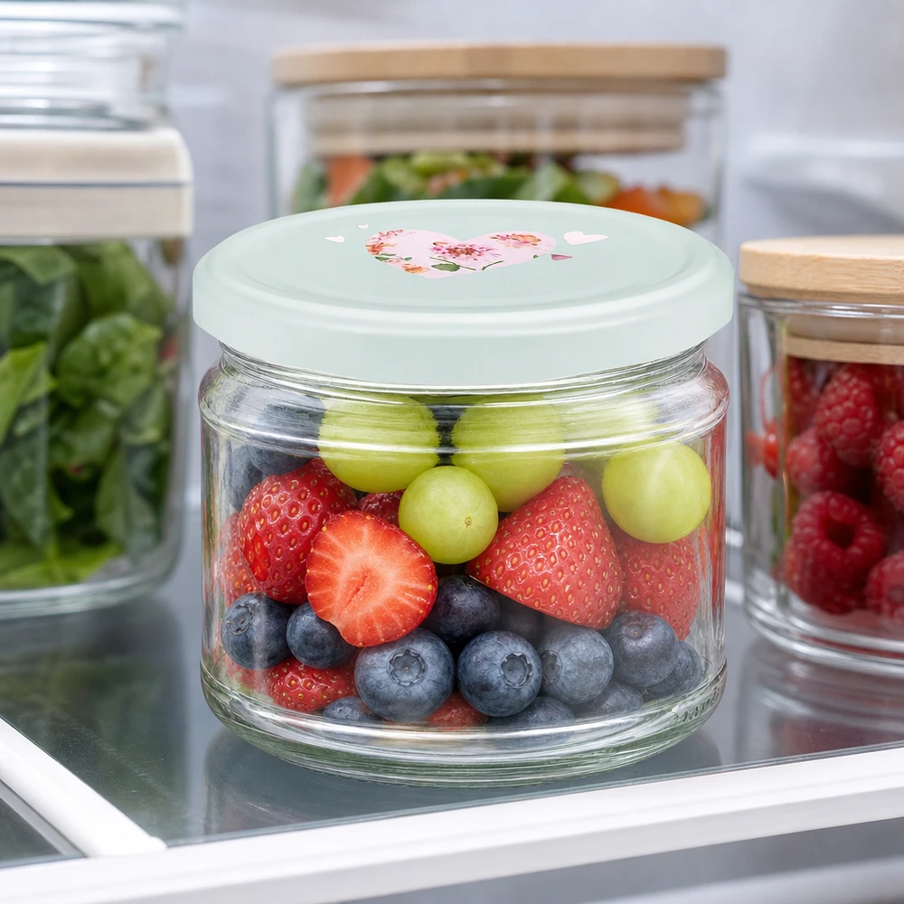 Ronde pot van 330 ml + deksel BasicSeal mint hart UNiTWIST 330ml Rundglas frisches Obst Erdbeeren Heidelbeeren Trauben BasicSeal Deckel Herzmotiv mint Kühlschrank Frischhaltung