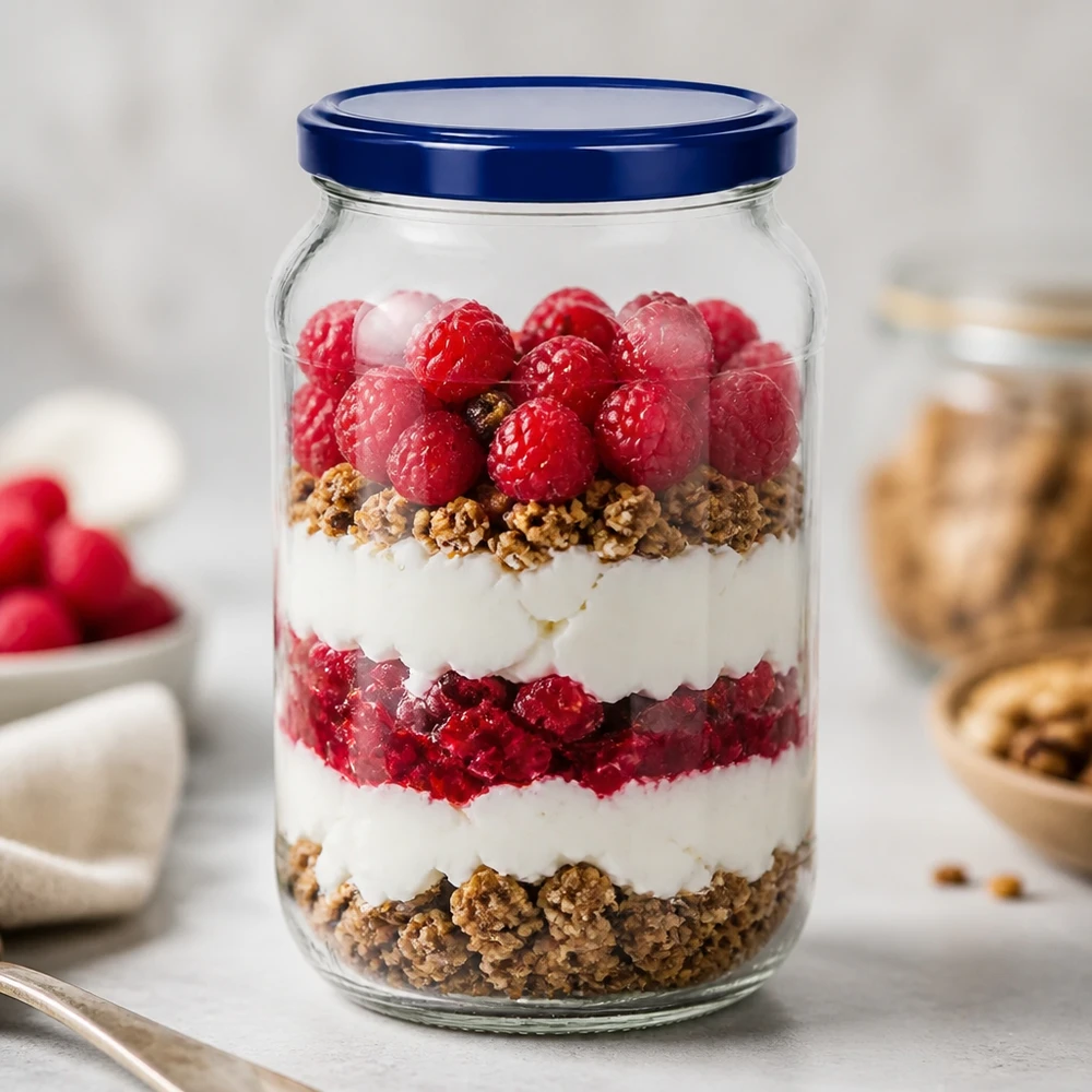 1062ml rond glas met BasicSeal deksel blauw UNiTWIST 1062ml ronde pot BasicSeal deksel blauw UNiTWIST dessert parfait gelaagd dessert yoghurt bessen granola dessert