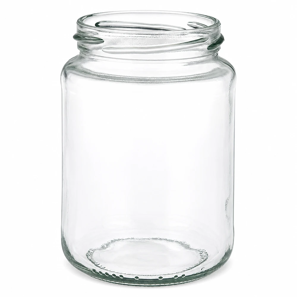 Leeg UNiTWIST Runda382 rond glas 382ml met TO66 draad transparant op witte achtergrond