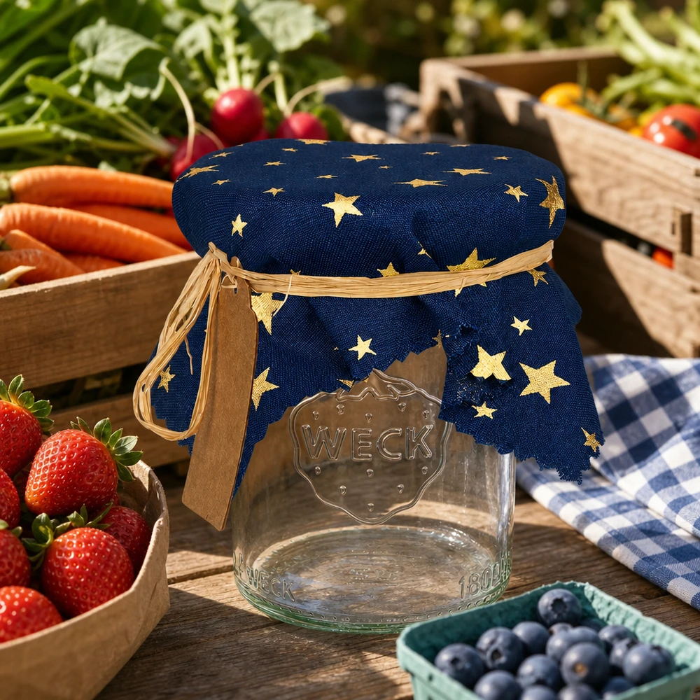 Stoffen doily sterren blauw 150x150mm vierkant Blauwe decoratieve doily met gouden sterren op een Weck pot omringd door vers fruit en groenten 15cm vierkant
