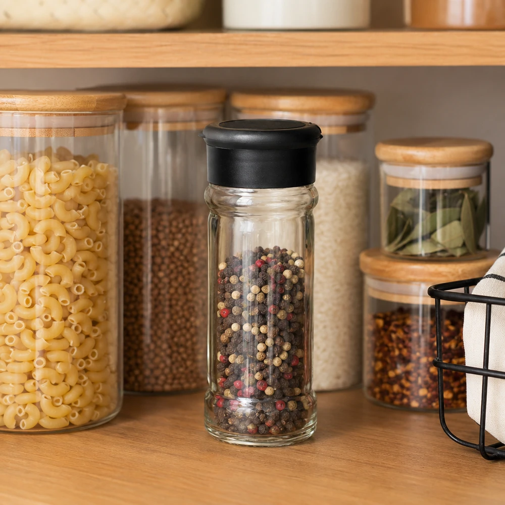 Zout-/kruidenpotje 100 ml met strooier, zwart Compact glazen kruidenstrooiertje van 100 ml met zwarte deksel, naast pasta en kruiden