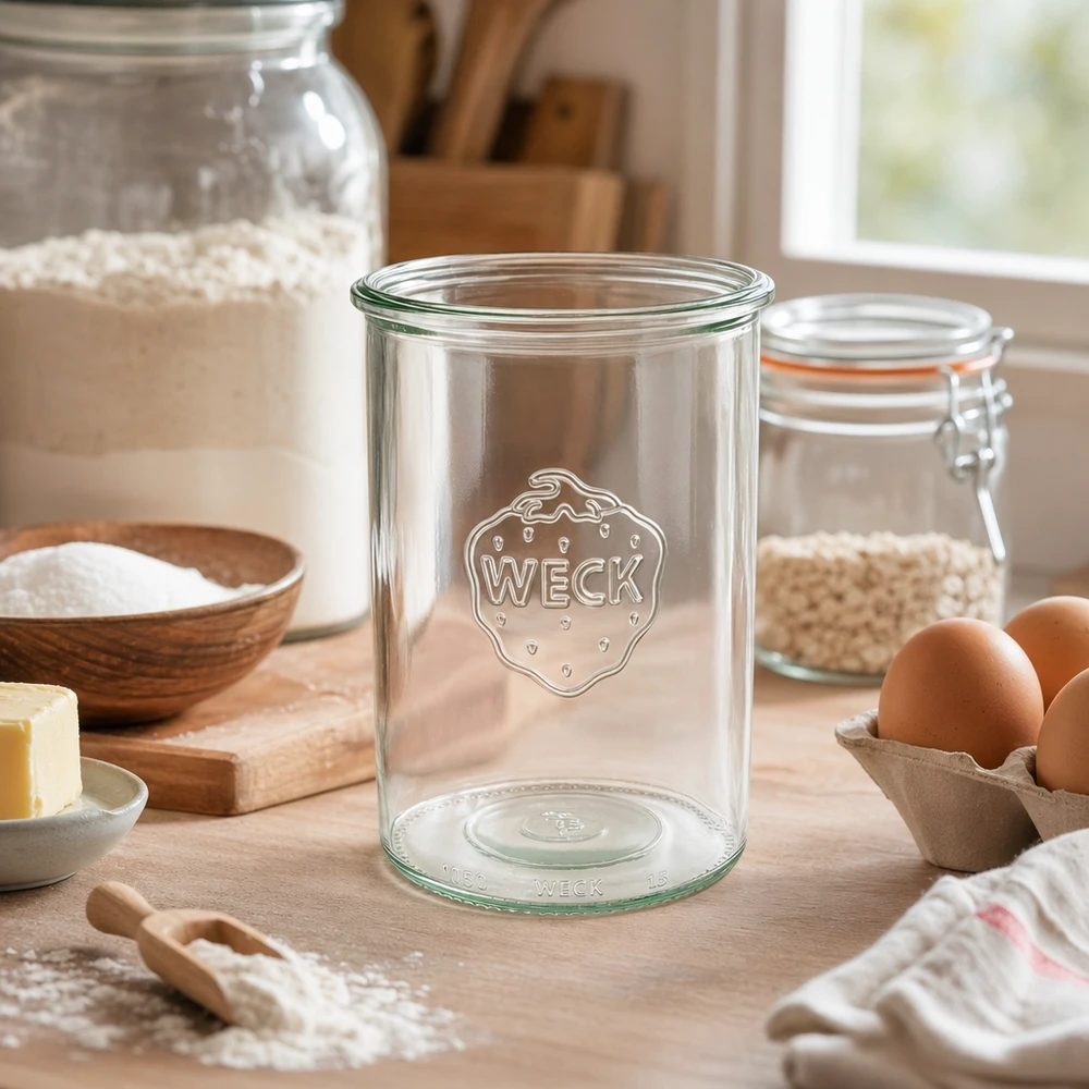 WECK RR100-pot van 1000 ml 1000ml WECK RR100 mason jar met logo in rustieke keuken met bakingrediënten en eieren