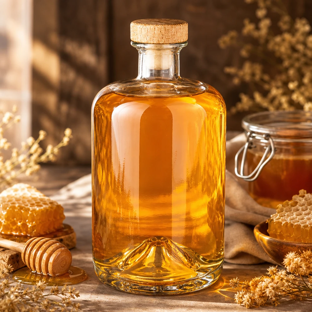 700 ml apothekersfles Sofia met houten handgreep en kurk UNiTWIST® 700ml Glasflasche Sofia mit Naturkorken gefüllt mit goldgelber Flüssigkeit umgeben von Honigwaben und Trockenblumen
