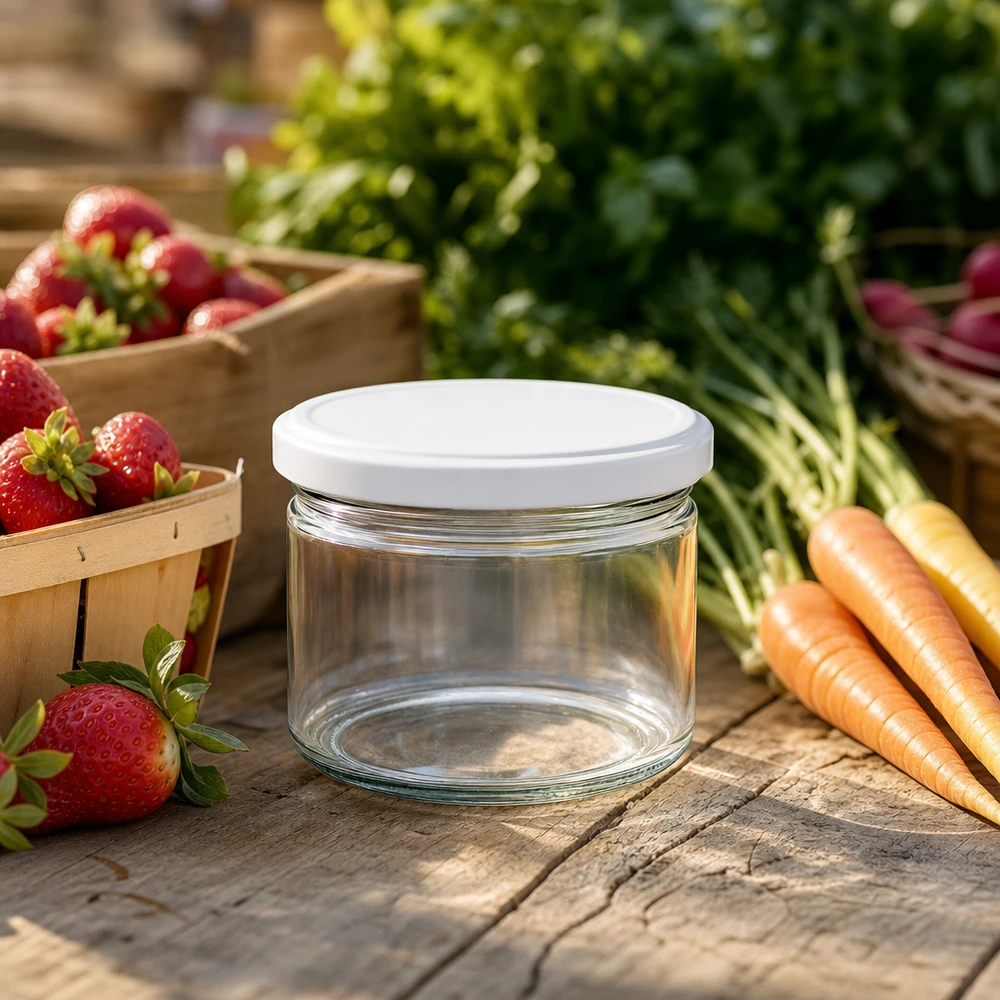 540ml rond glas met BasicSeal deksel wit UNiTWIST 540 ml BasicSeal witte ronde pot op een houten tafel met verse groenten - ideale voorraadpot voor op de markt en buiten