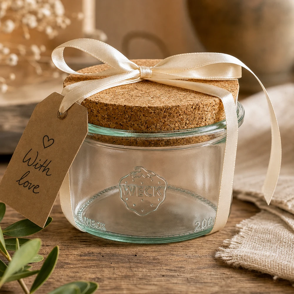 WECK bekers 200ml RR80 decoratief verpakt met lint en cadeaulabel Met liefde als cadeautip