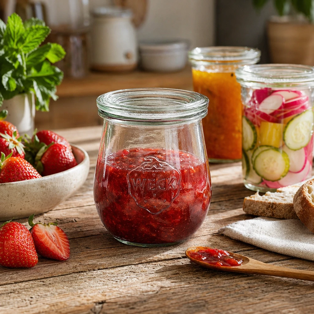 Tulpenpot van 220 ml met glazen deksel WECK RR60 WECK tulpenpot 220ml RR60 met aardbeienjam in een rustieke keuken met andere inmaakpotten en verse ingrediënten