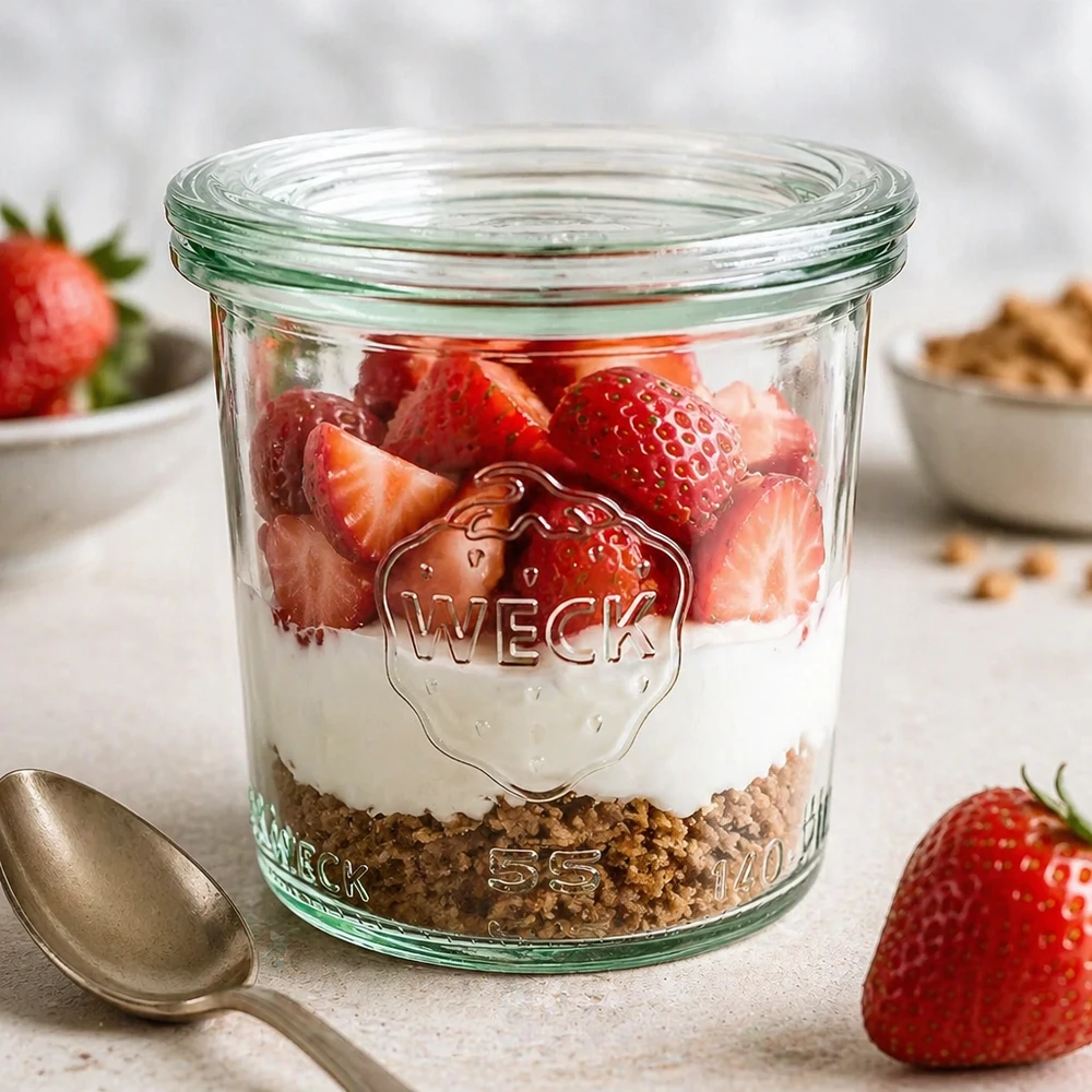 WECK Sturzglas 140ml RR60 mit Joghurt Müsli Erdbeeren gefüllt als Dessertglas auf weißer Marmorplatte Frühstück
