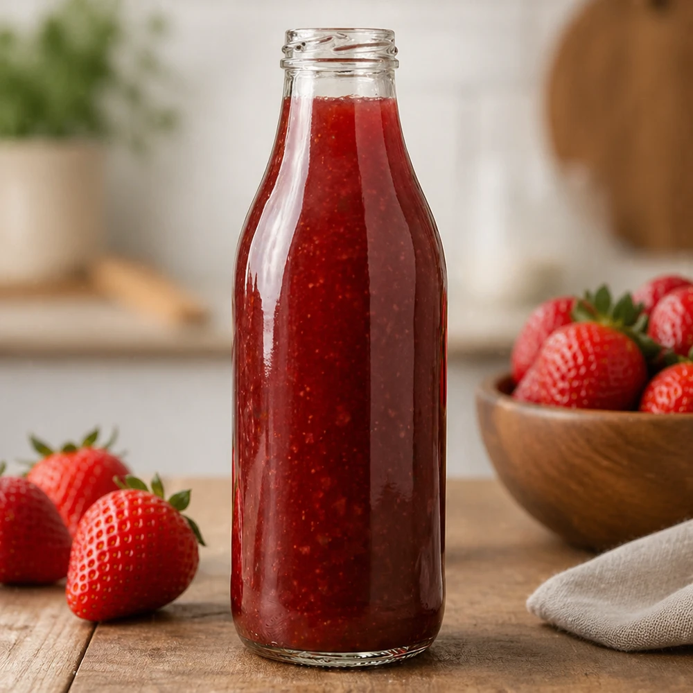 1000ml glazen fles TO48 UNiTWIST gevuld met aardbeiensap in keuken Toepassing voorbeeld rode smoothiefles