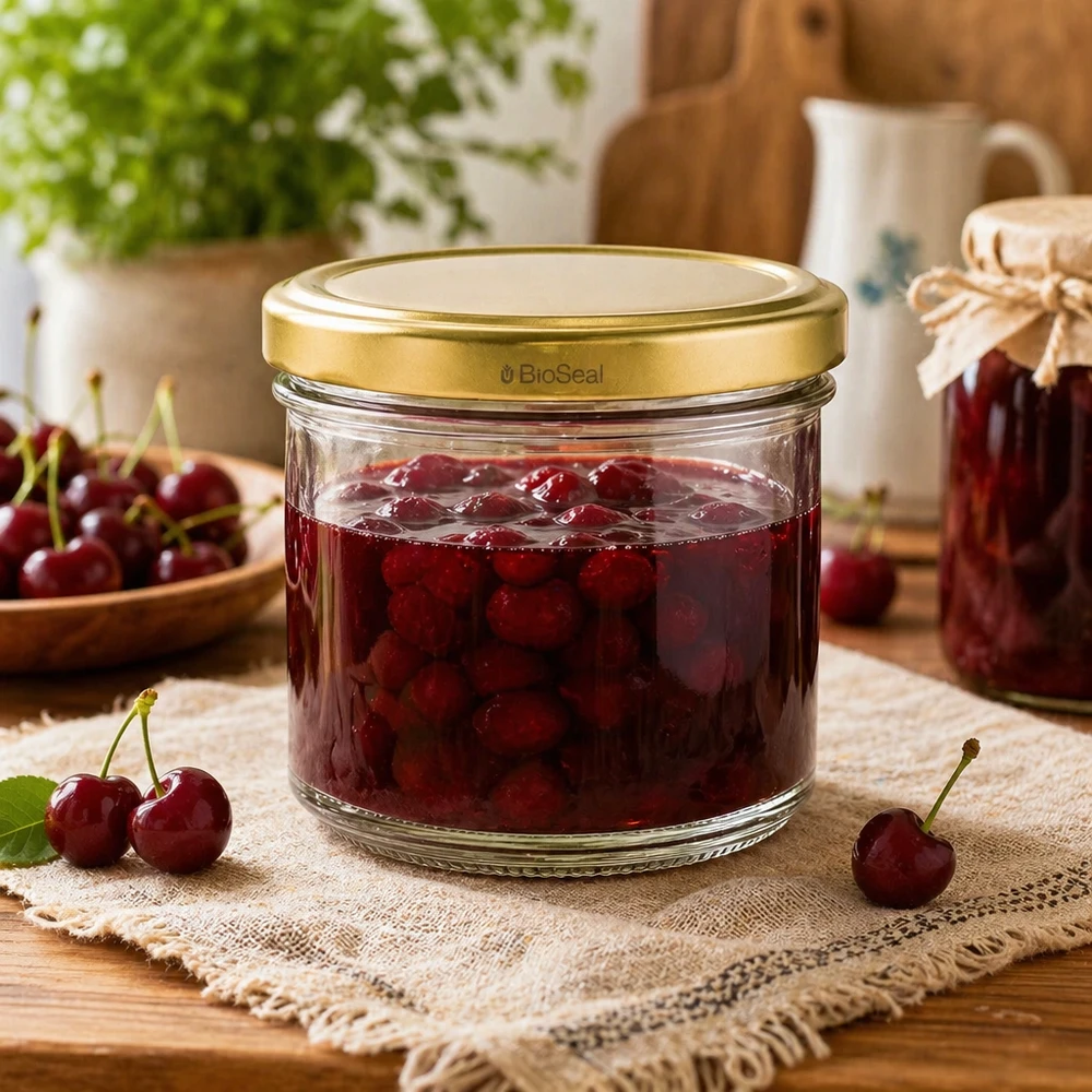 UNiTWIST bekers 125ml met kersenjam - gouden TO66 BioSeal deksel in rustieke keuken met verse kersen