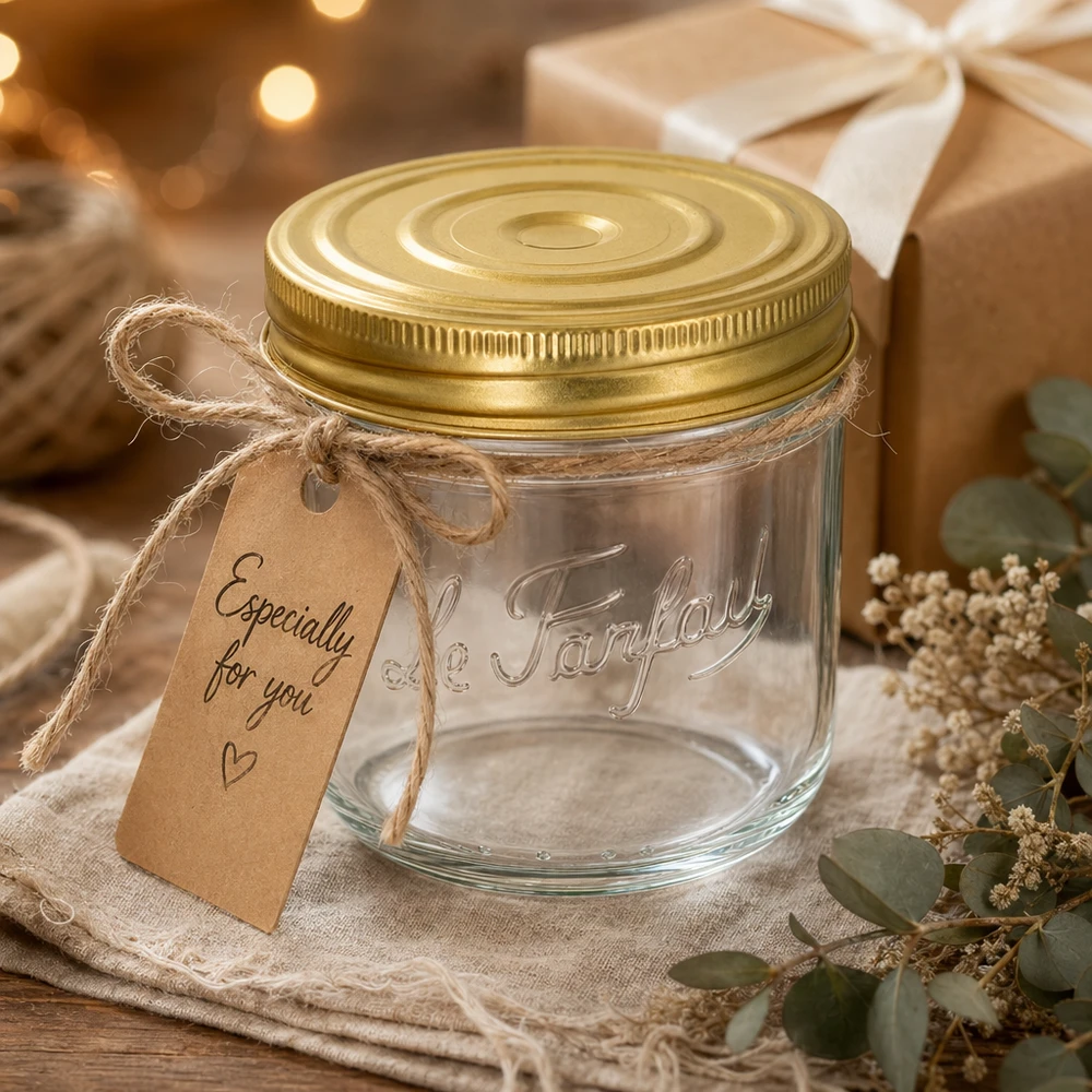 Le Parfait® Familia Wiss 350 g Ø100 mm pot 415 ml bekers van Familia Wiss met gouden deksel en cadeaulabel, gedecoreerd op een rustieke houten tafel