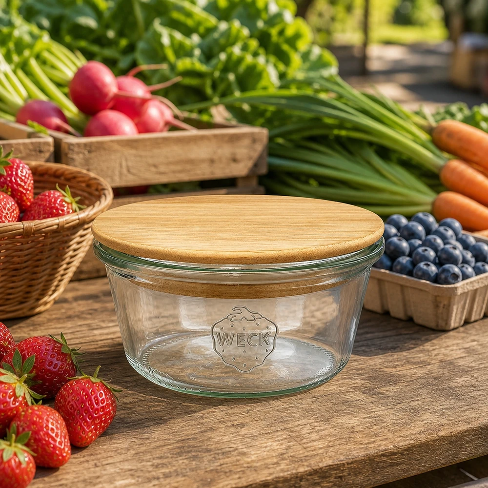 WECK bekers 290ml RR100 met bamboe houten deksel gerangschikt tussen vers fruit en groenten op een rustieke houten tafel
