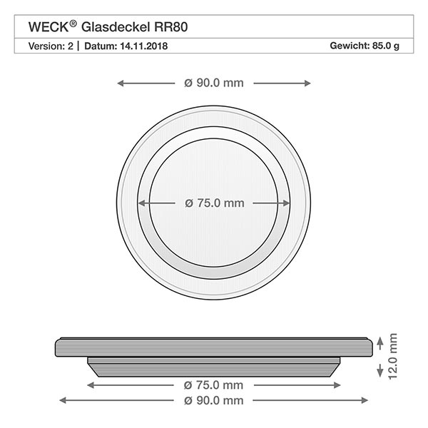560 ml sierglas, compleet WECK RR80 WECK glazen deksel RR80 technische tekening met afmetingen 90mm buitendiameter 75mm binnendiameter voor 1040ml cilinderpot