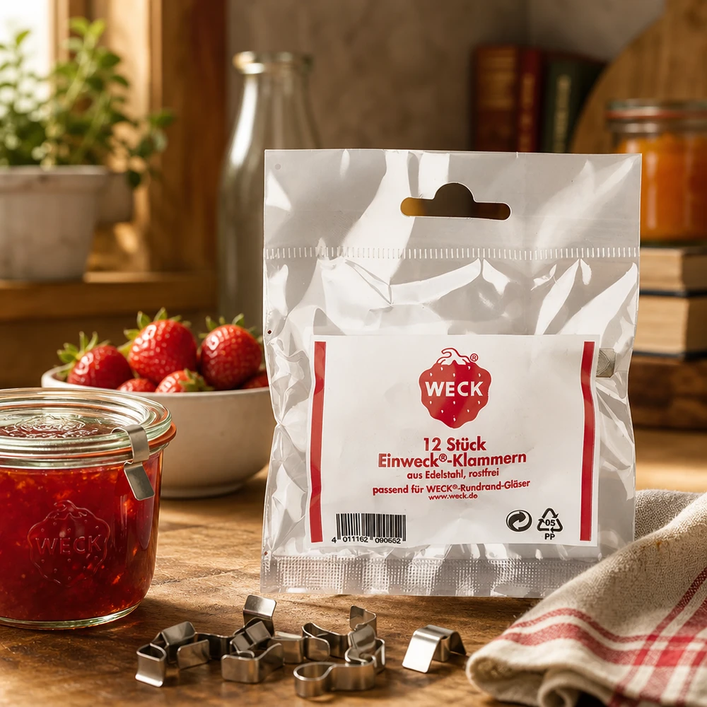 Weck Clips (verpakking(en) van 12) WECK Originele clipset 12 stuks op houten tafel met inmaakpot aardbeien jam keuken lifestyle tafereel