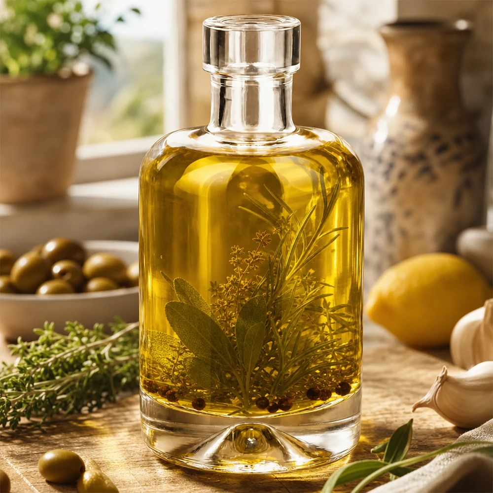 50 ml glazen fles 50ml Glasflasche "Amelie" ohne Verschluss UNiTWIST zonder sluiting UNiTWIST® Glazen flesje Amelie 50ml gevuld met kruidenolie toont toepassing voor kruidenoliën en azijnen in de keuken