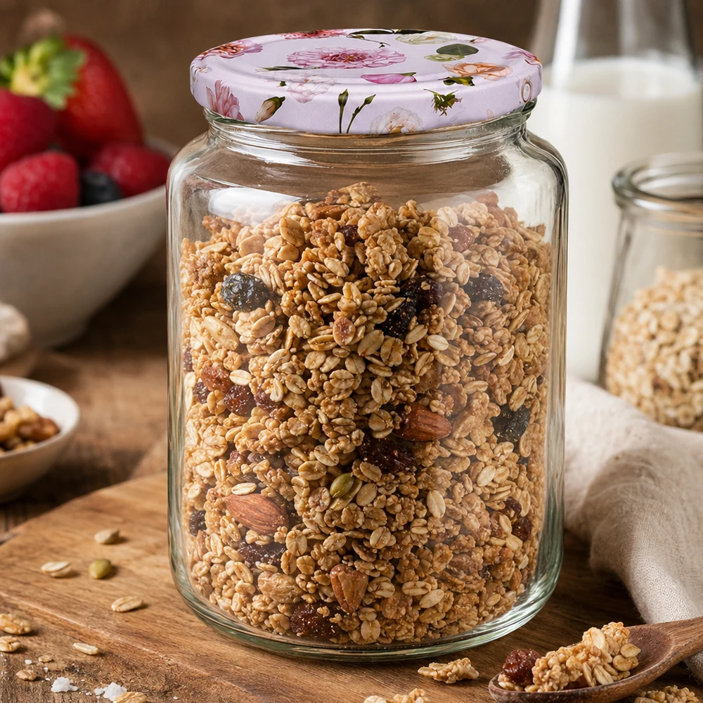 Ronde pot van 795 ml + BasicSeal-deksel met roze bloem UNiTWIST 795ml Rundglas mit Müsli Nüssen Trockenfrüchten BasicSeal Deckel rosa Blumen Frühstück Vorratsbehälter Küche