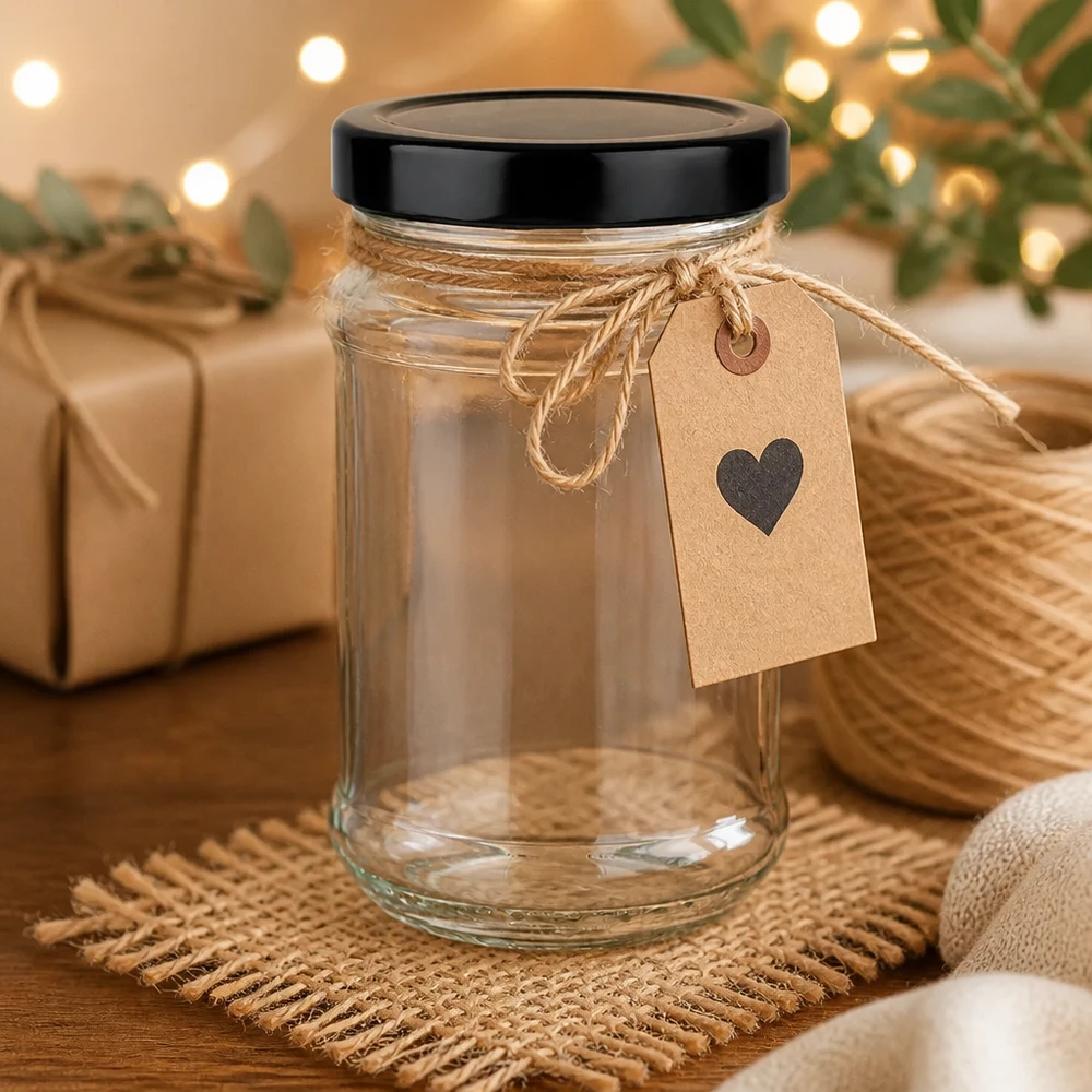 390ml rond glas met BasicSeal deksel zwart UNiTWIST 390 ml ronde pot met zwart UNiTWIST deksel als cadeau-idee met hartvormige hanger in een gezellige kerstdecoratie