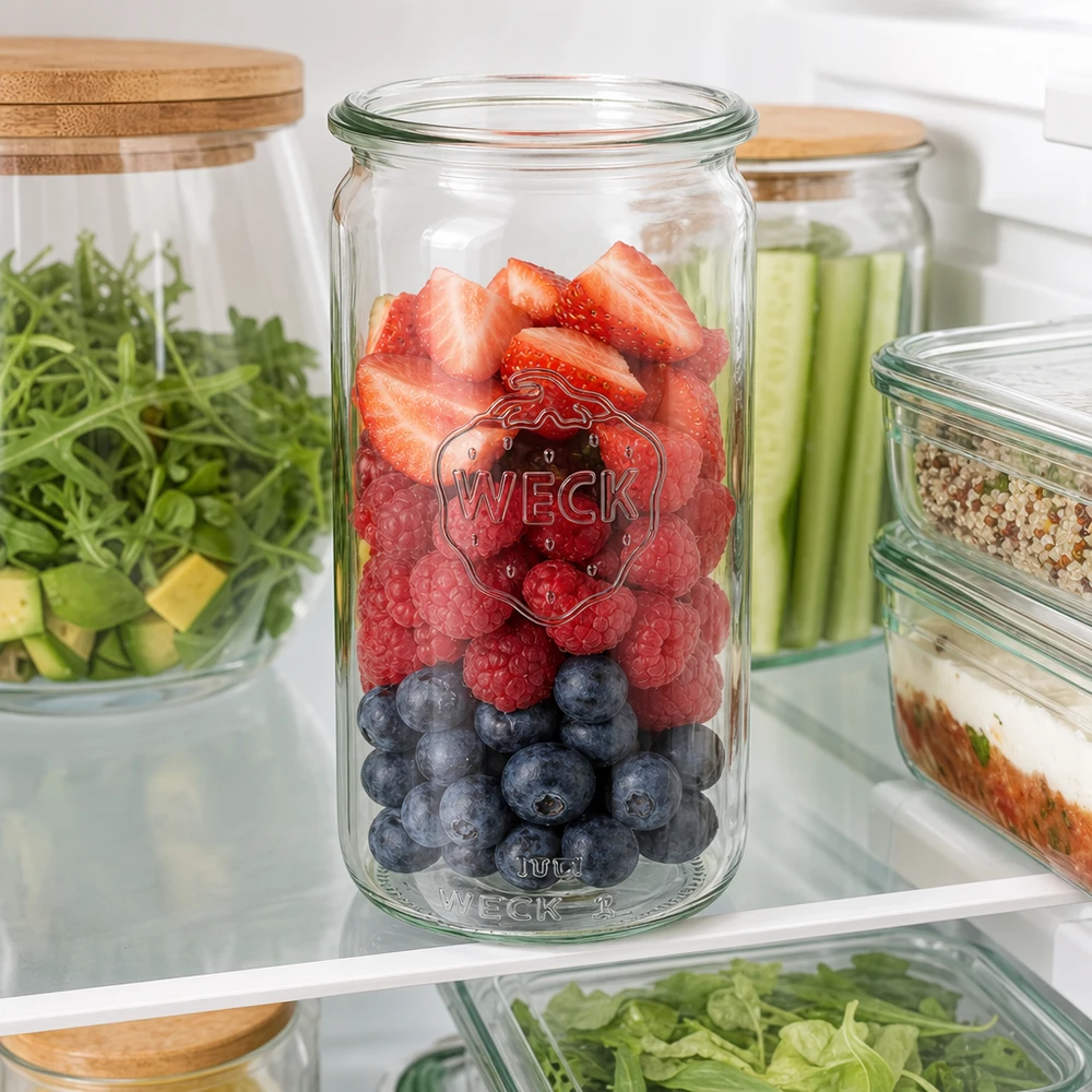 WECK cilinderpot 340ml RR60 gevuld met verse bessen in de koelkast toont optimale versheid en bewaring