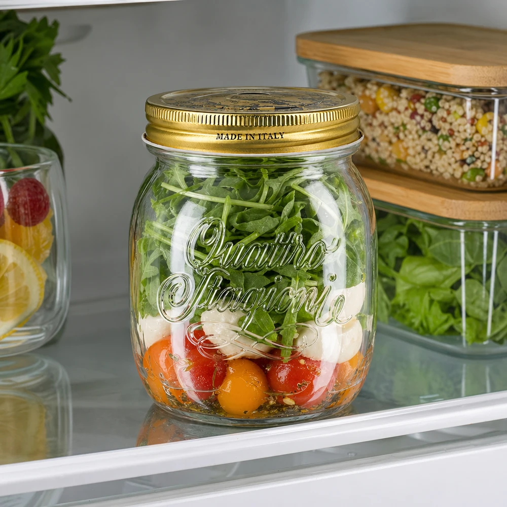 Quattro Stagioni 700ml inmaakpot gevuld met salade in de koelkast Italiaanse pot voor maaltijdvoorbereiding en verse ingrediënten