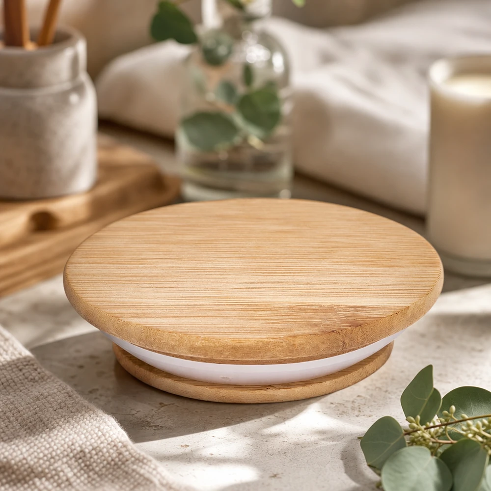 Houten deksel WECK RR100 Houten deksel versie A WECK RR100 Lifestyle sfeer badkamer decoratie natuurlijk hout wit siliconen afdichting