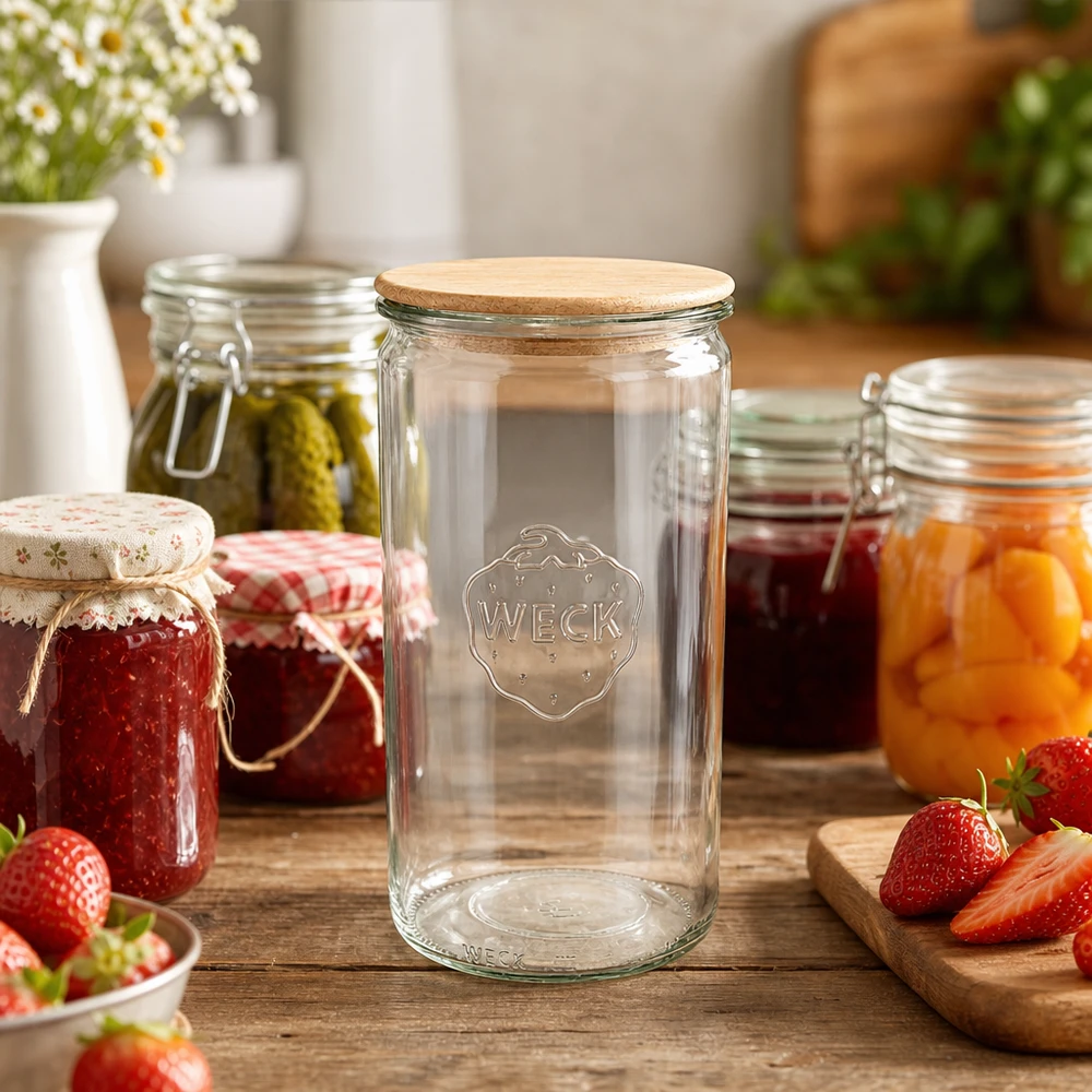 1590ml cilinderglas WECK RR100 met hout deksel WECK inmaakpot 1590ml RR100 in keukentafereel met marmelade jam en verse aardbeien op houten tafel