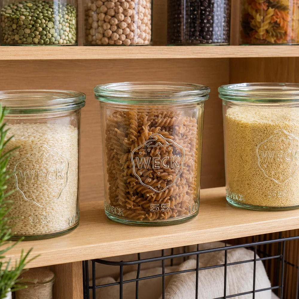 Glazen pot van 140 ml met glazen deksel WECK RR60 WECK Gläser 140ml RR60 gefüllt mit Reis Nudeln Couscous in Vorratsregal Pantry Organisation Küchenschrank