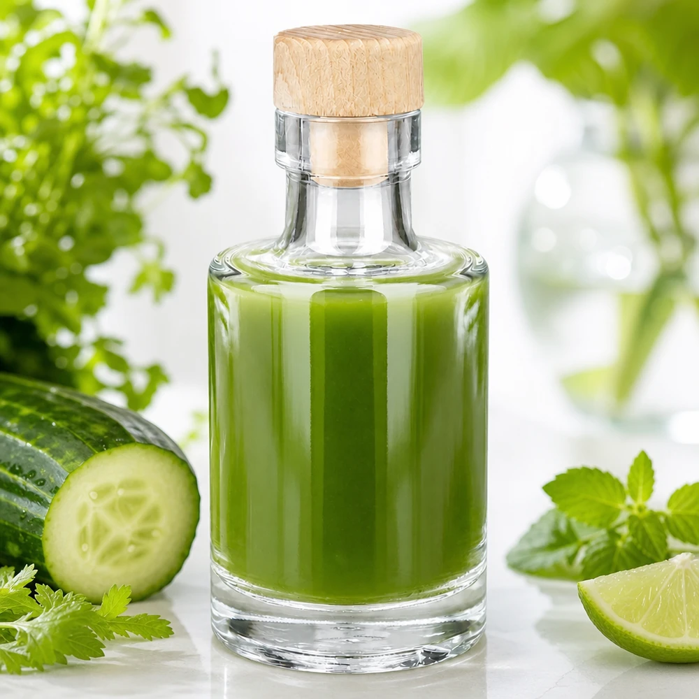 100 ml glazen fles Marie met houten kurk UNiTWIST® 100ml glazen fles Marie met houten kurk gevuld met groene smoothie naast komkommer limoen en kruiden verse setup