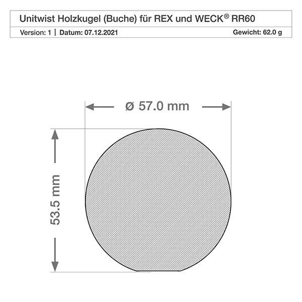 220ml tulpenglas WECK RR60 met houten bal Technische tekening beukenhouten bol deksel WECK RR60 600ml pot afmetingen 57mm diameter 63,5mm hoogte gewicht 62g