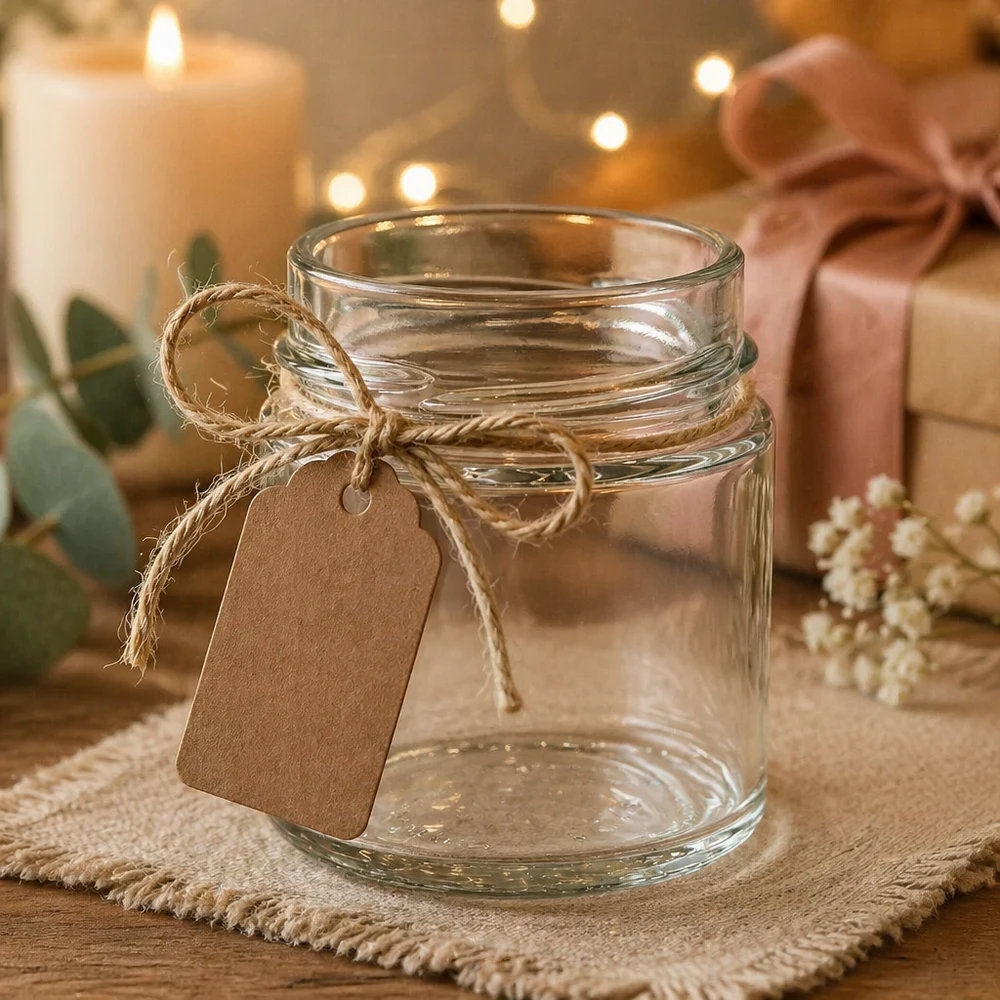 UNiTWIST rond glas 135ml TO58deep leeg met jute koord en kraft papieren label gedecoreerd op een rustieke houten tafel