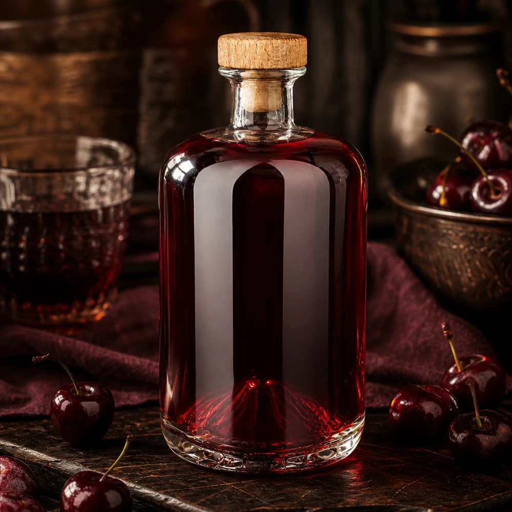 700 ml apothekersfles Sofia met houten handgreep en kurk UNiTWIST® Elegante 700ml Glasflasche Sofia mit Holzkorken gefüllt mit rotem Kirschlikör auf rustikalem Holztisch mit Kirschen