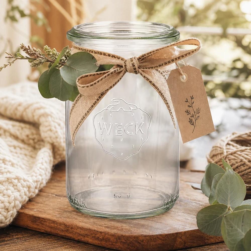 WECK cilindrische pot 145ml RR40 met lint en hanger rustiek versierd op houten plank met eucalyptus