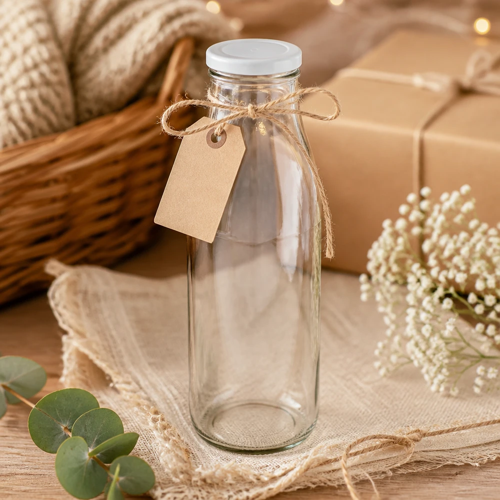 500ml fles met BasicSeal deksel wit UNiTWIST 500ml glazen fles met wit deksel decoratief met jute koord en hanger rustiek cadeau ontwerp