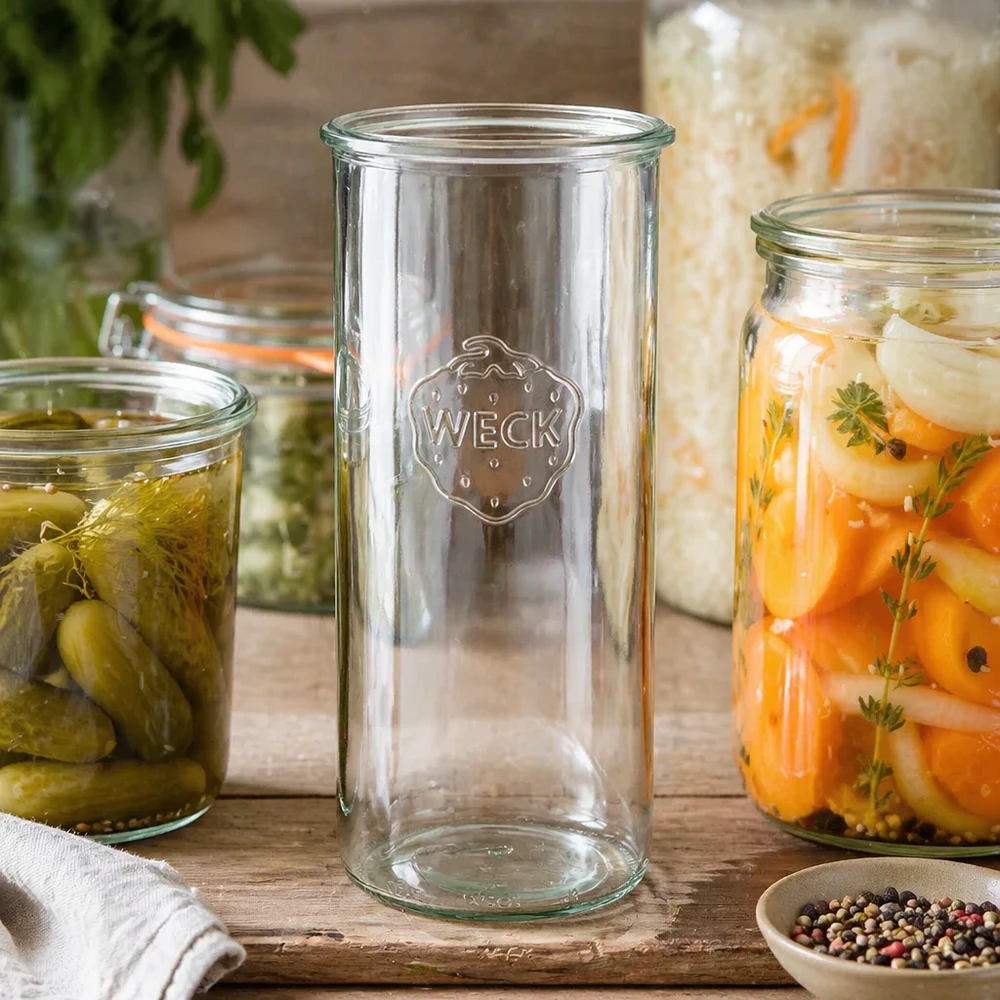 WECK RR100-pot van 1500 ml WECK RR100 1500ml mason jar leeg naast potten gevuld met groenten en kruiden op een houten tafel