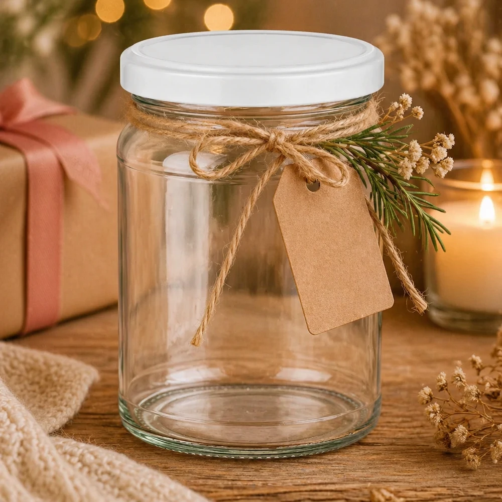 205ml rond glas met BasicSeal deksel wit UNiTWIST 205ml Rundglas mit weißem Deckel als Geschenkverpackung dekoriert mit Juteschnur und Geschenkanhänger