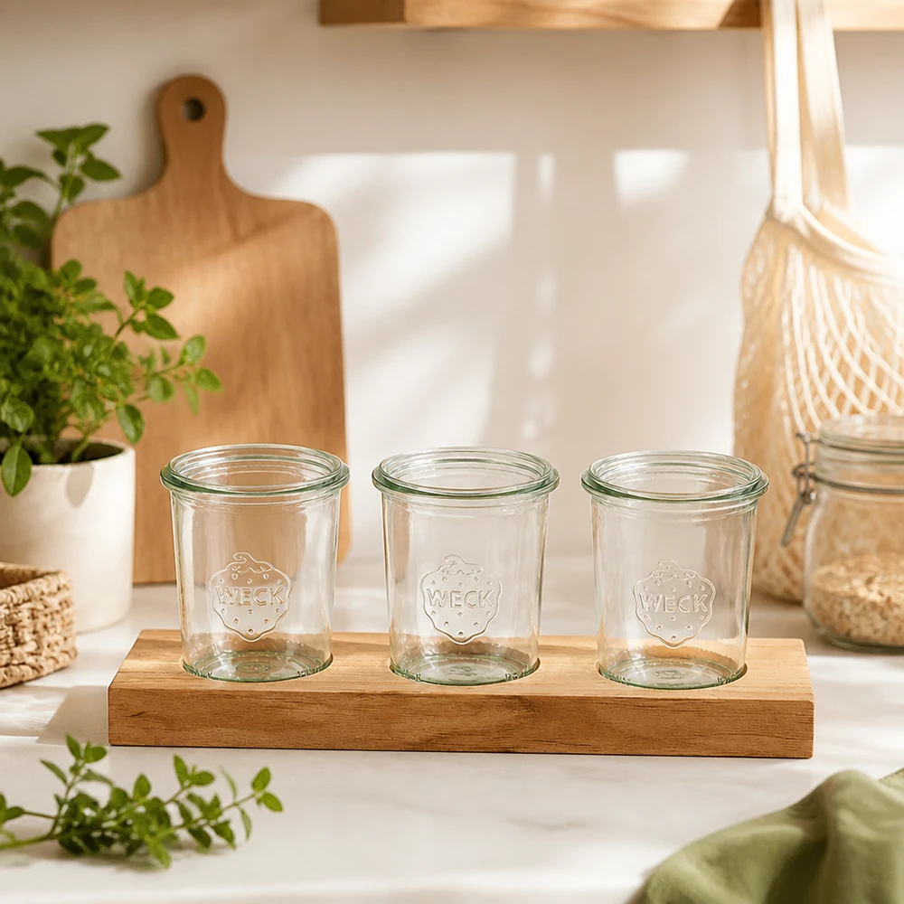 Drie lege Weck 160ml bekers op Plano3 bamboe serveerplank in Scandinavisch keukendecor met planten