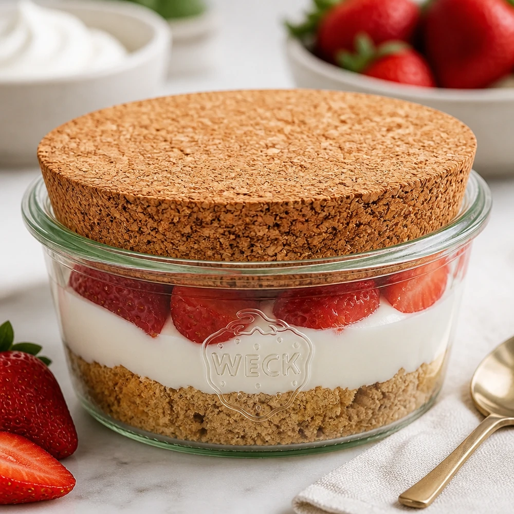 WECK beker 290ml RR100 met natuurkurk als gelaagde dessertpot voor tiramisu gevuld met aardbeien
