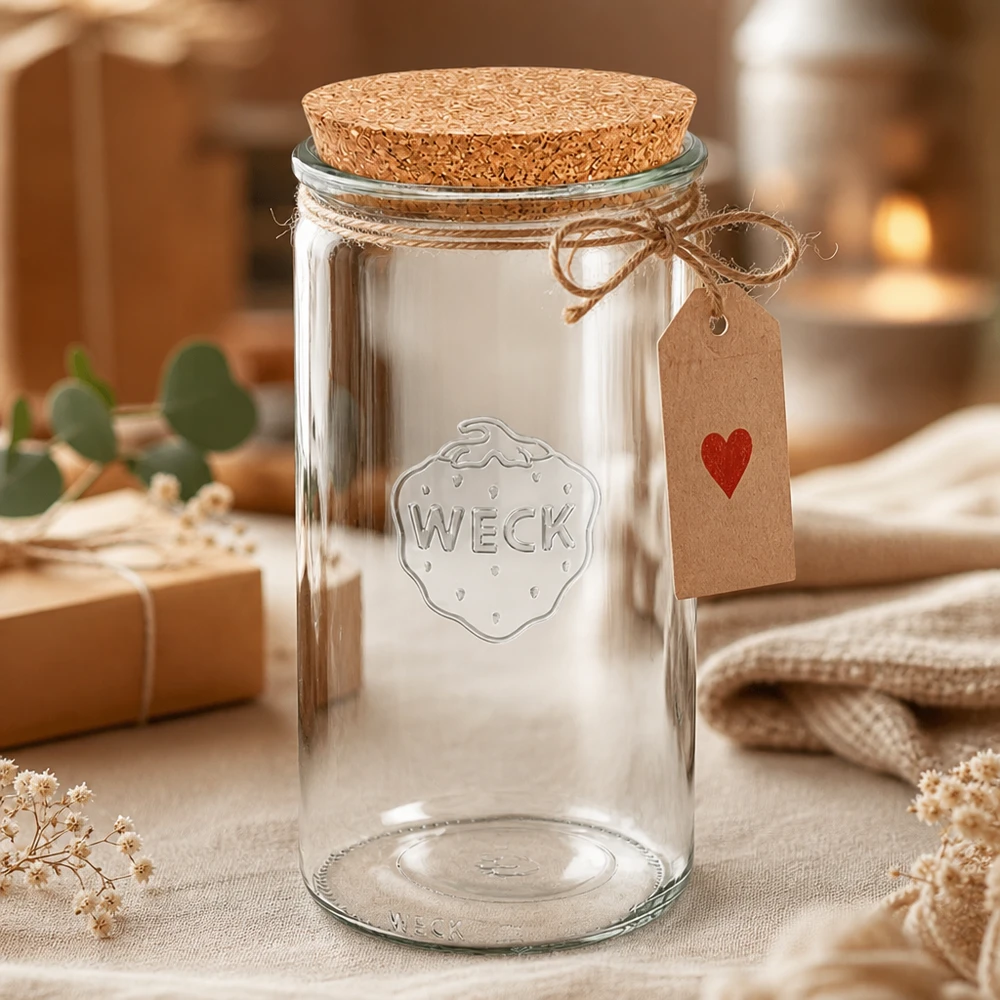 1590ml cilinderglas WECK RR100 met kurk WECK inmaakpot 1590ml RR100 met kurken deksel en cadeaulabel decoratief bewerkt met textiel en bloemen