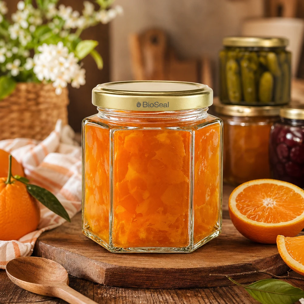 Honingpot 520 g met gouden BioSeal UNiTWIST-deksel BioSeal 520g honingpot zeshoekig met sinaasappelmarmelade op houten plank omringd door verse sinaasappels en keukendecoratie