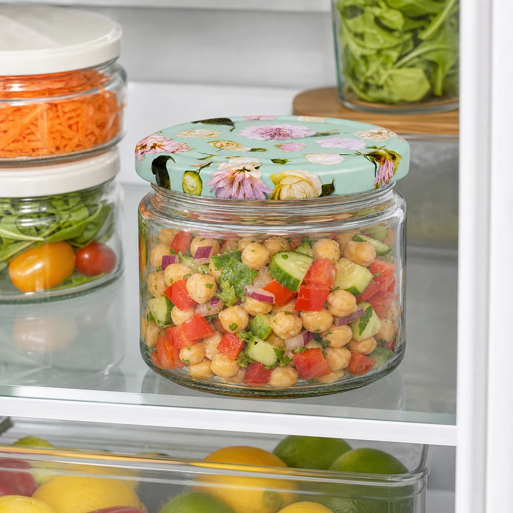 Kikkererwtensalade in 330 ml ronde pot met BasicSeal deksel bloem mint koelkast maaltijd prep opslagcontainer