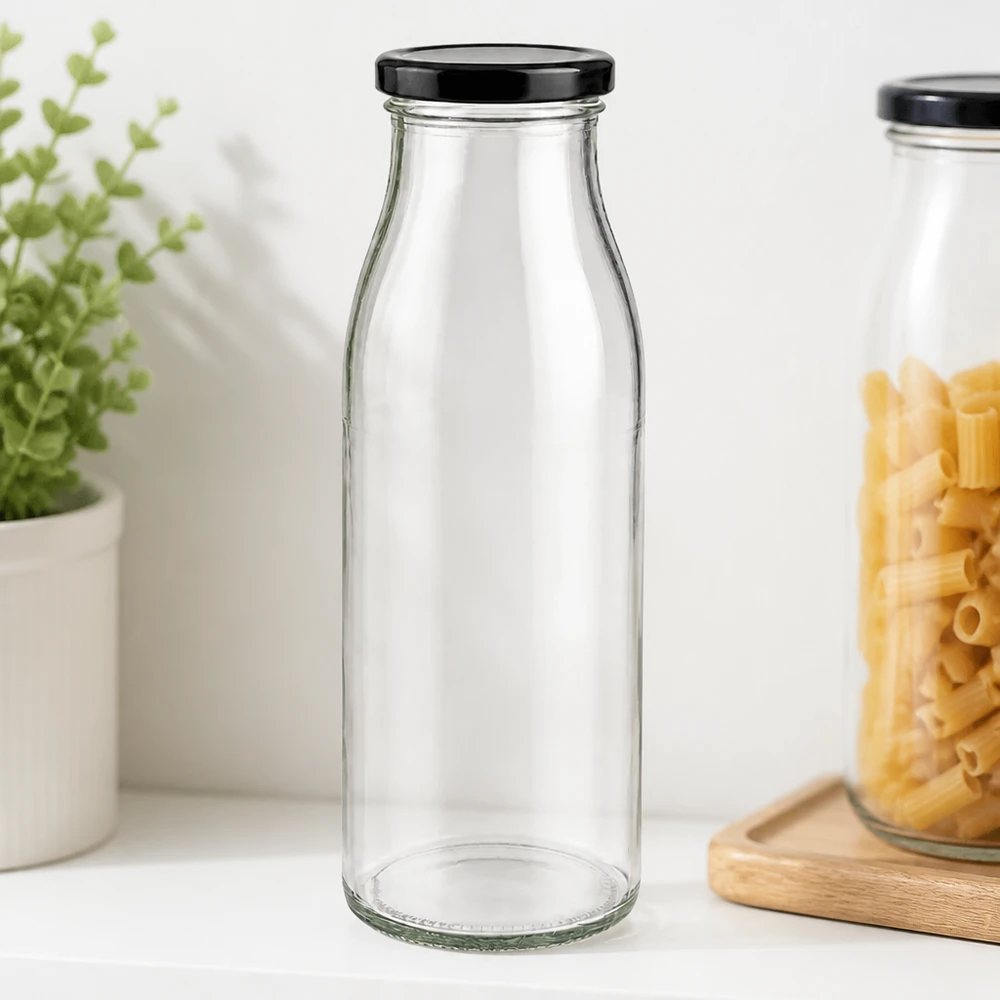 500ml fles met BasicSeal deksel zwart UNiTWIST 500ml glazen fles transparant leeg met zwart BasicSeal deksel in stijlvol keukendesign met pasta en kruiden