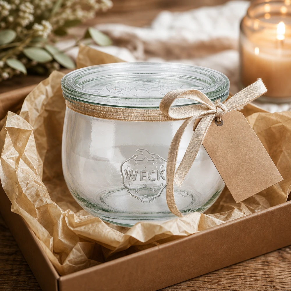 580ml tulpenglas met glazen deksel WECK RR100 WECK tulpenpot 580ml RR100 als cadeau-idee gepresenteerd in een doos met decoratiestrik en label