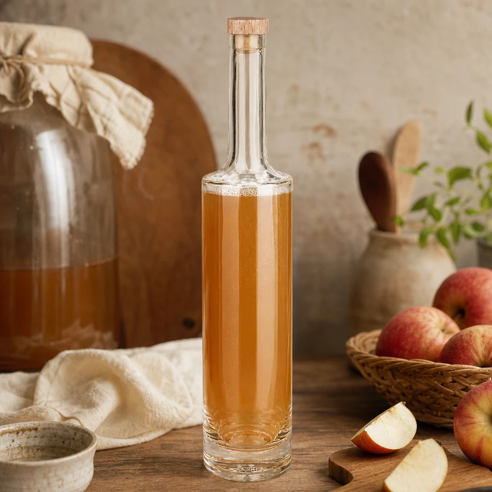 500 ml glazen fles Rosa met houten handgreepkurk UNiTWIST® 500ml Glasflasche Rosa mit Apfelbrand gefüllt in rustikaler Küche neben frischen Äpfeln und Holzutensilien